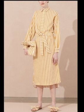 Samsoe Samsoe Amara Belted Shirt Dress Size L, Honey Stripe Linen Blend Vacation